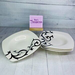 Coventry SCROLL BLACK White Porcelain Square No Trim Large Rim Soup Bowls Set 4